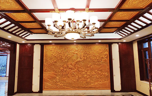 郴州中式别墅客厅中式木作横梁吊顶装饰展示