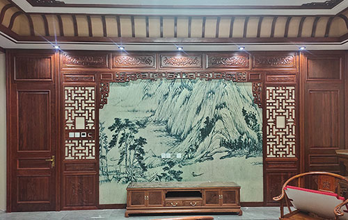 郴州中式仿古别墅客厅背景墙花格木作装饰